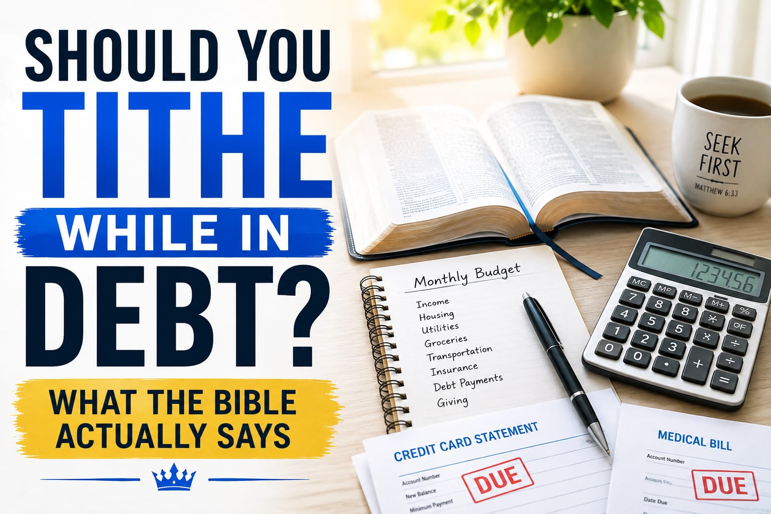 Open Bible, monthly budget notepad, calculator, and past-due bills on a desk: should you tithe while in debt?