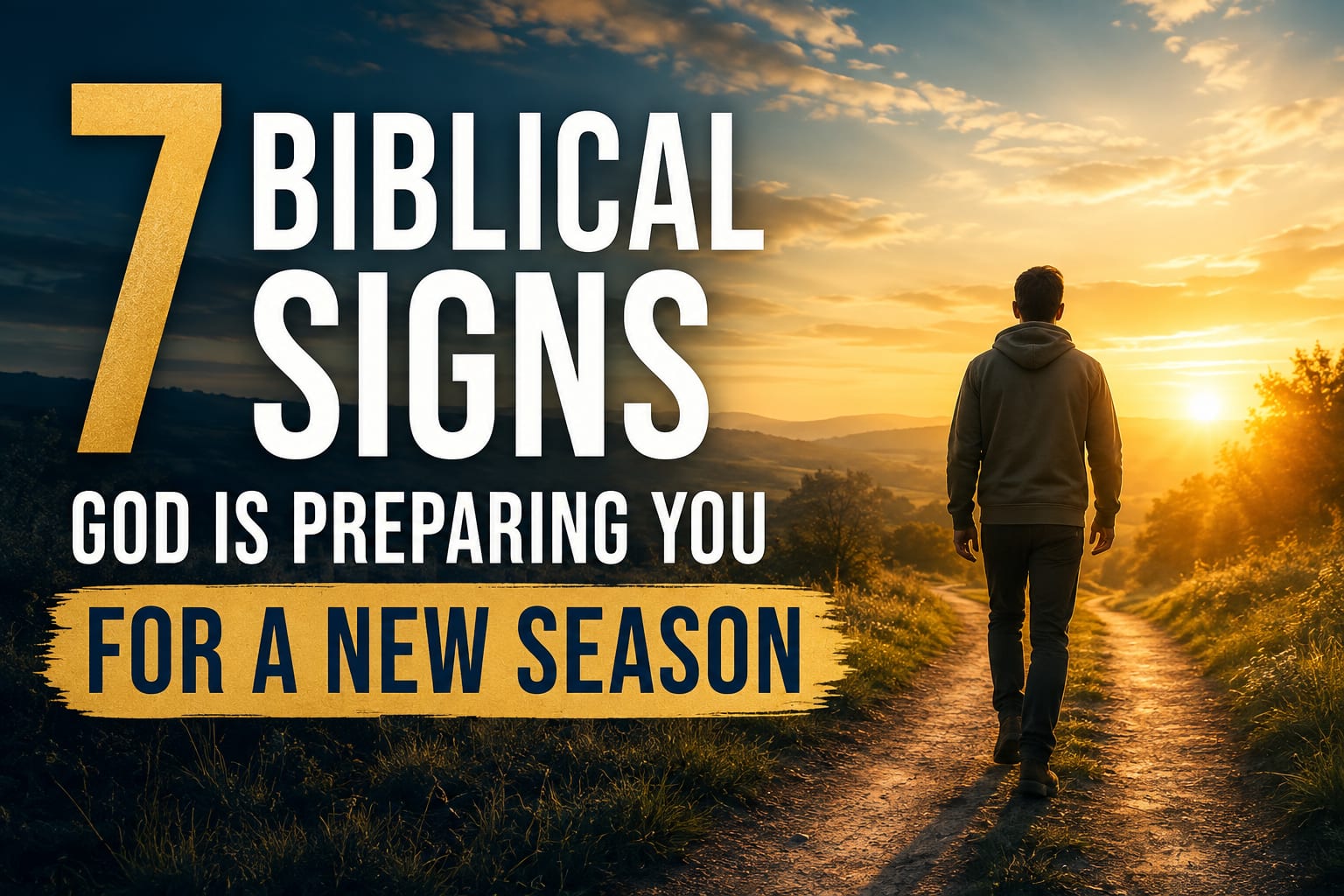 Man walking a dirt path toward a golden sunrise: 7 biblical signs God is preparing you for a new season